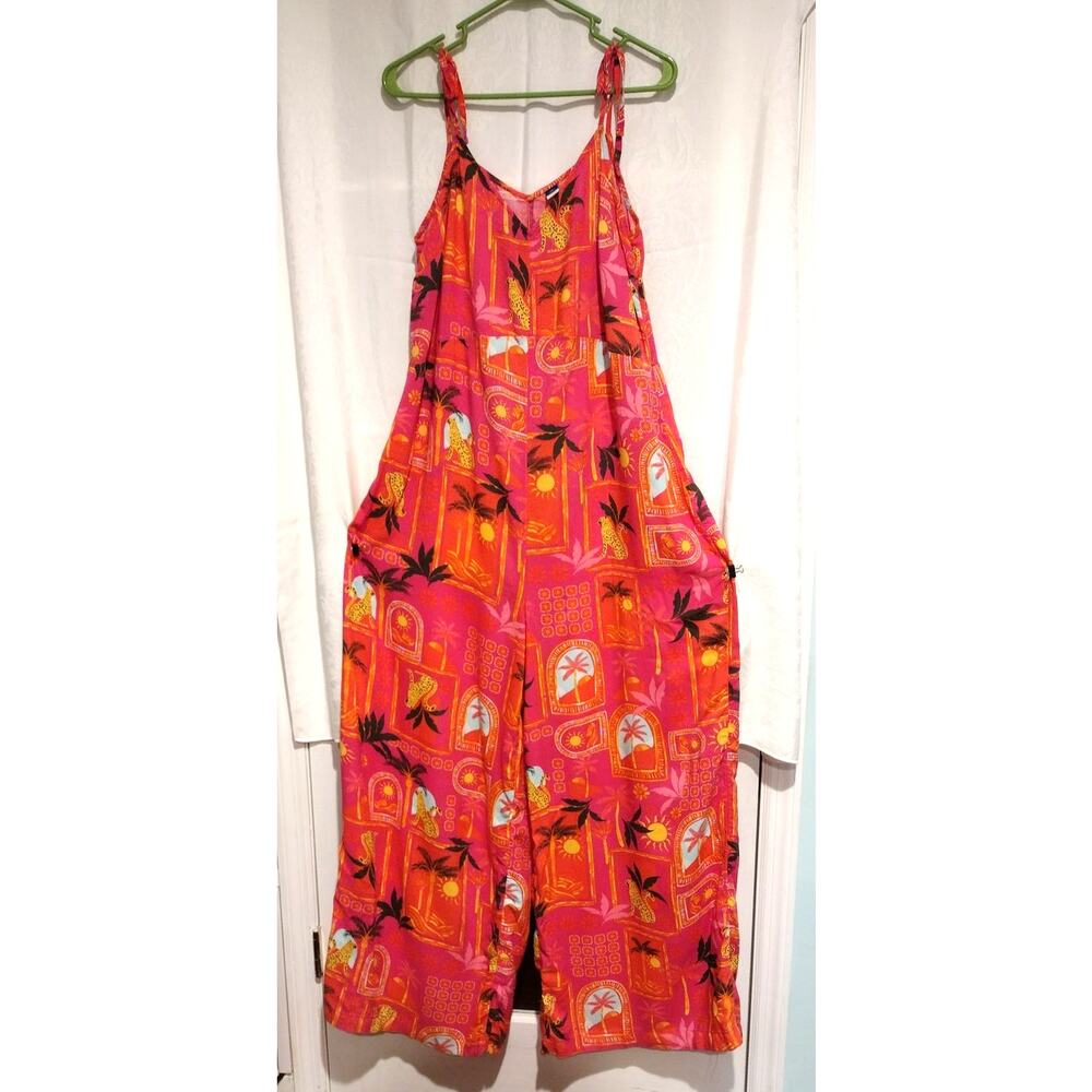 Old Navy Women's Pink Cropped Wide-Leg Jumpsuit L-Tall Tie Shoulder Tropical